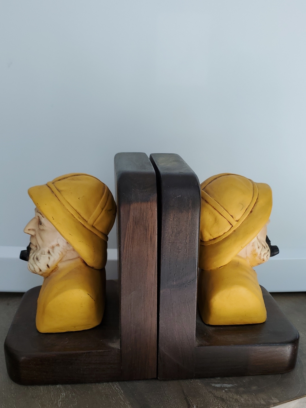 Vintage Yellow Fisherman Bust Bookends on Solid Wooden Bases